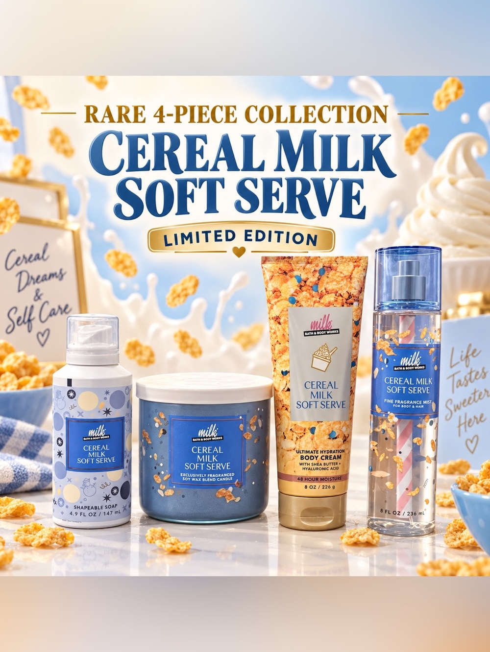 Rare Bath & Body Works Cereal Milk Soft Serve 4-Piece Bundle